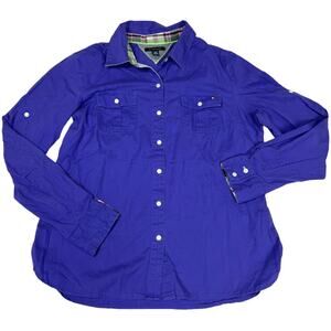 Tommy Hilfiger Button Up Shirt Indigo Blue Purple Collared Womens L‎ Long Sleeve